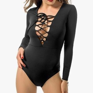 Lace-Up Front Long Sleeve V-neck Body Suit (unbranded)